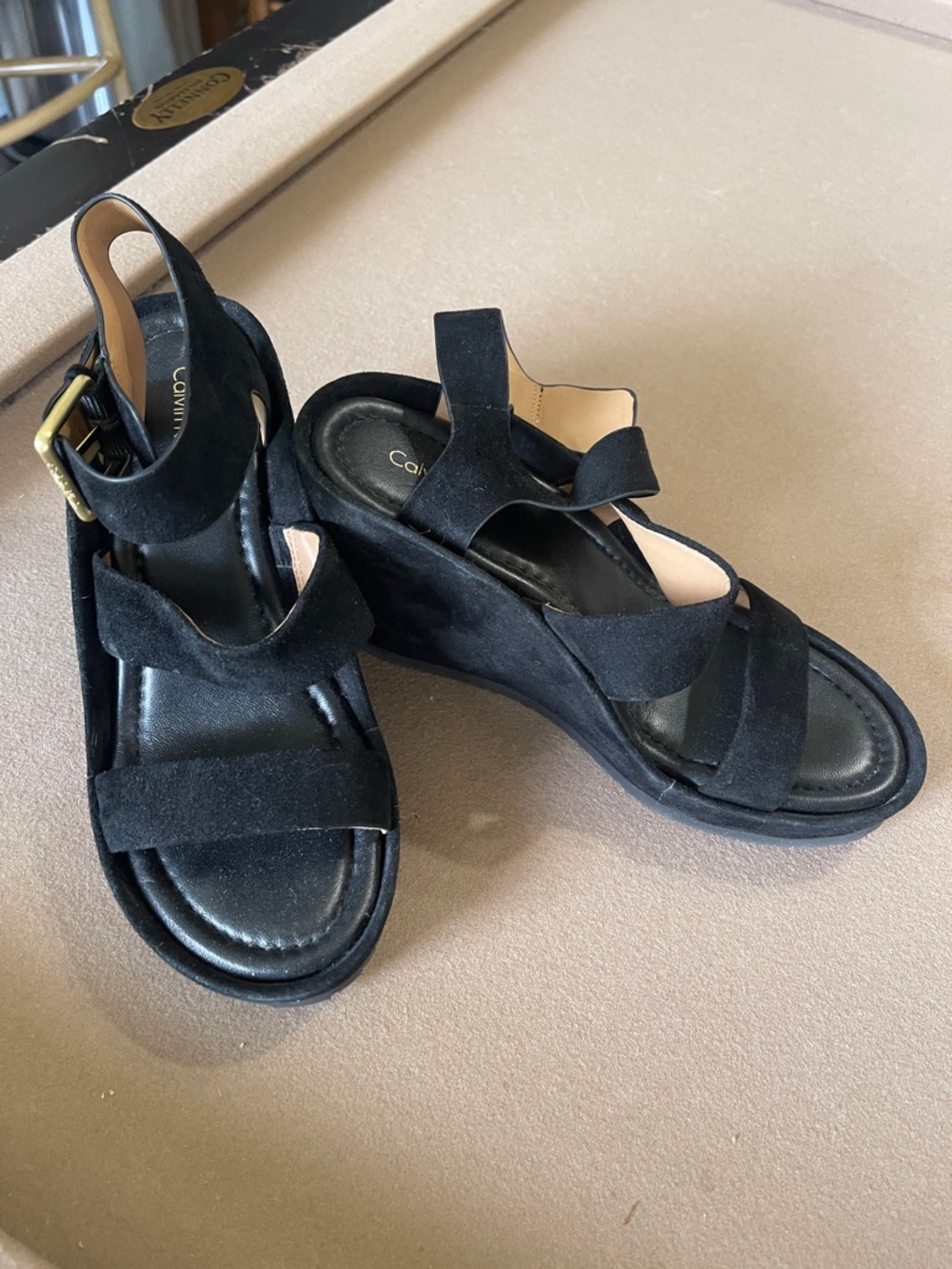 Calvin Klein Black Suede Wedge Sandals with Ankle Buckle and Soft Sole
